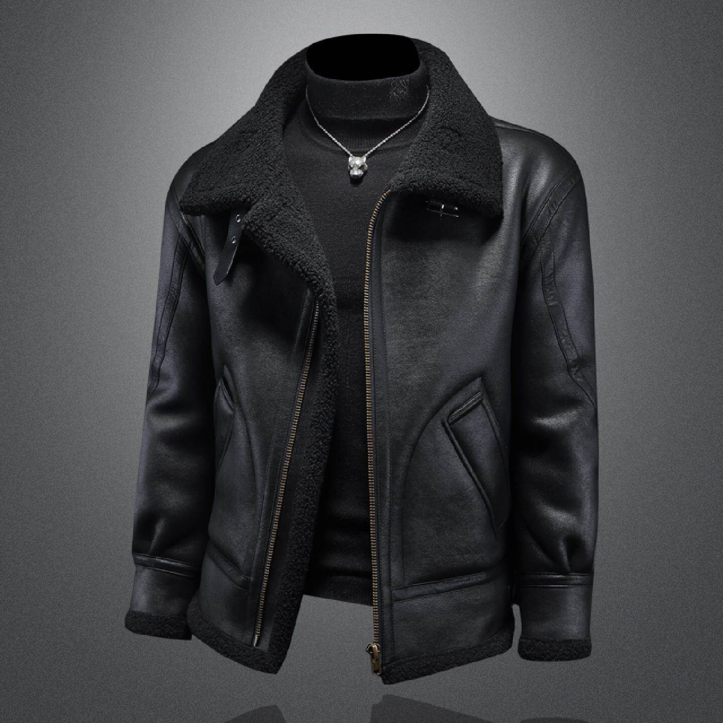 欧洲站皮毛一体夹克外套男年冬季新款大码羊羔毛机车潮牌皮衣潮男