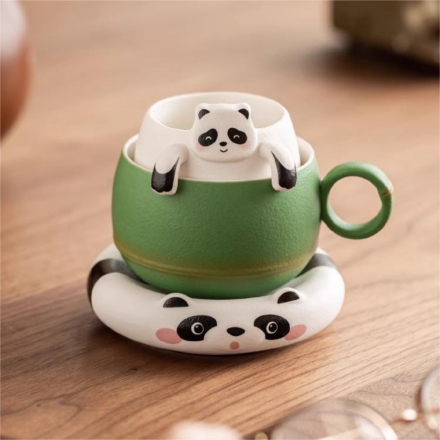 ins风熊猫马克杯陶瓷茶杯茶水分离杯创意杯过滤办公杯带盖咖啡杯