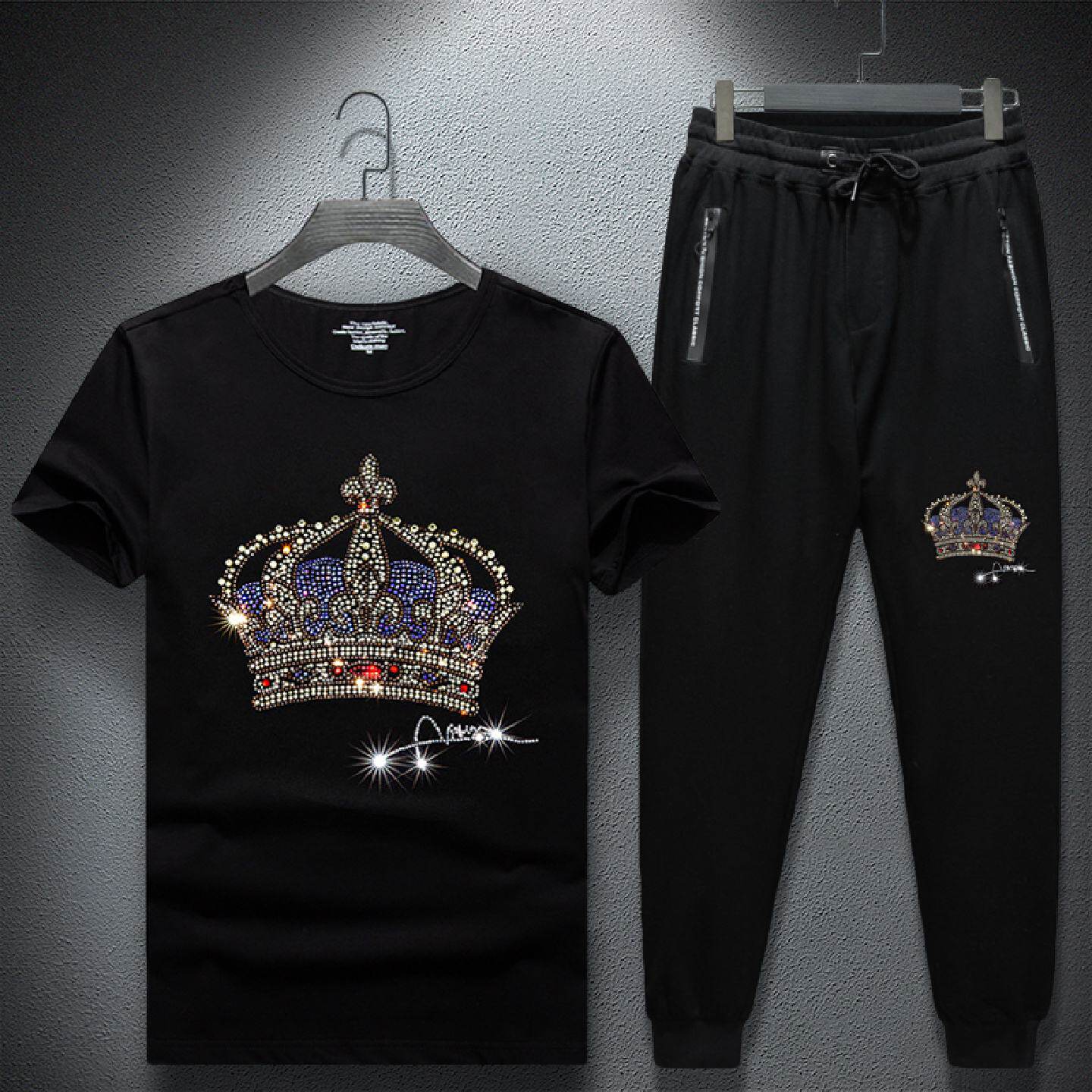 2026夏季男装套装皇冠烫钻男士短袖新款冰感恤男半袖大码体恤潮男