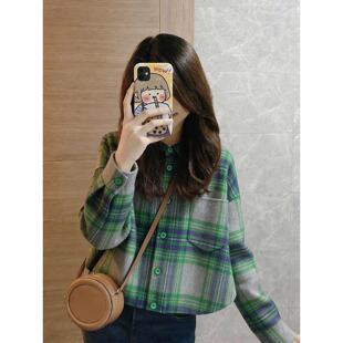 外套女轻奢气质高级设计感小众宽松上衣 绿色格纹衬衫 2026冬季 新款