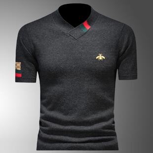 秋冬加厚短袖羊毛衫男装交叉领打底衫小蜜蜂刺绣休闲半袖针织毛衣