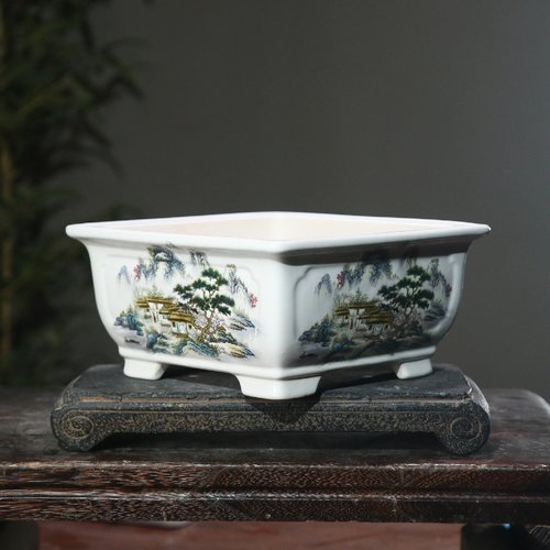 正方形贴花彩绘手绘陶瓷盆景盆白泥紫砂花盆中国风山水图桌面盆栽