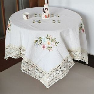 纯棉绣花花台布白棉台布面料出口圆矩形高档咖啡桌套