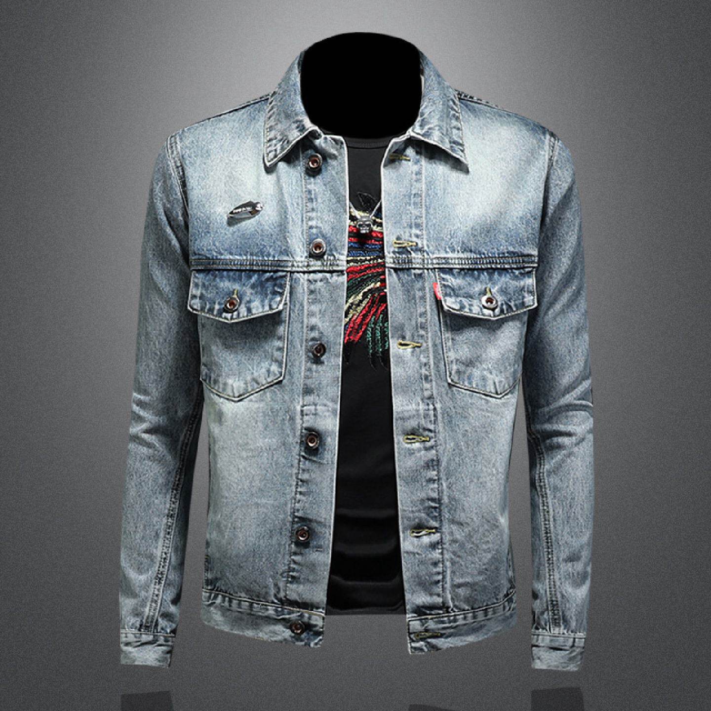 欧洲站复古牛仔外套男士年春季新款潮流修身韩版百搭休闲夹克潮男
