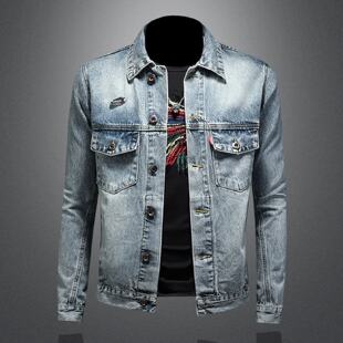 欧洲站复古牛仔外套男士年春季新款潮流修身韩版百搭休闲夹克潮男