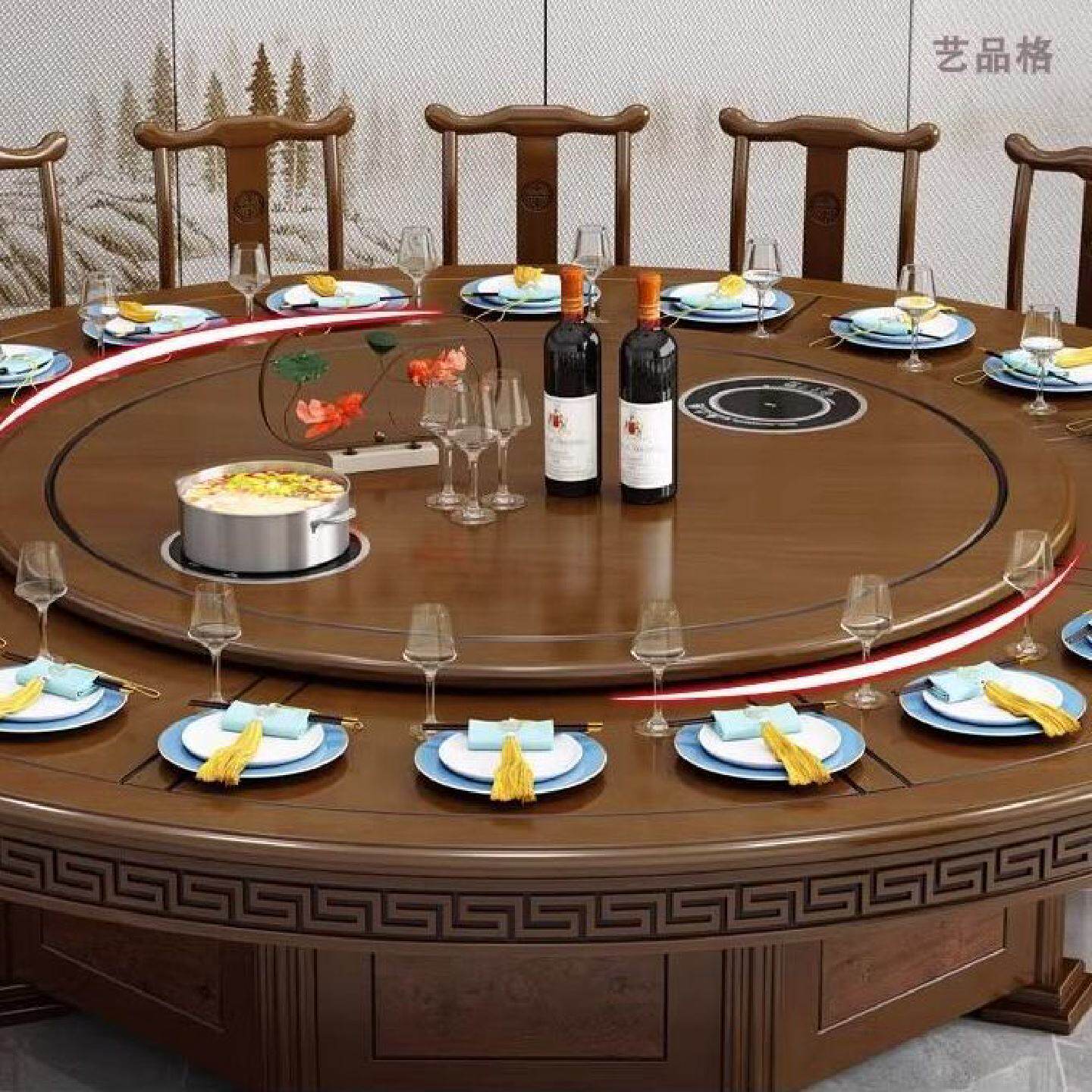酒店饭店中式电动实木大圆桌自动转盘电磁炉火锅定制餐桌