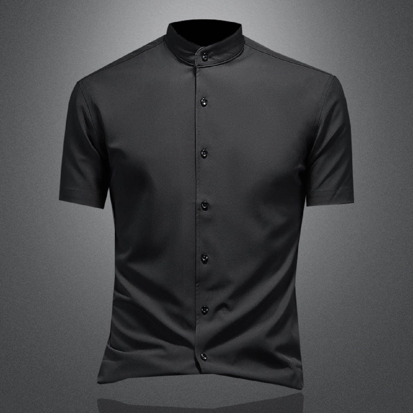 立领衬衫男士短袖夏季新款薄款高级感商务休闲垂感弹力透气衬衣潮