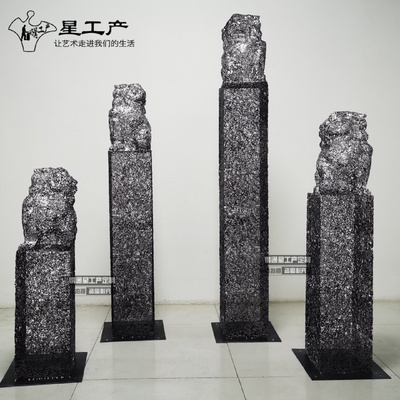 栓马柱狮子麒麟貔貅不锈钢镂空户外别墅庭院金属神兽雕塑软装摆件