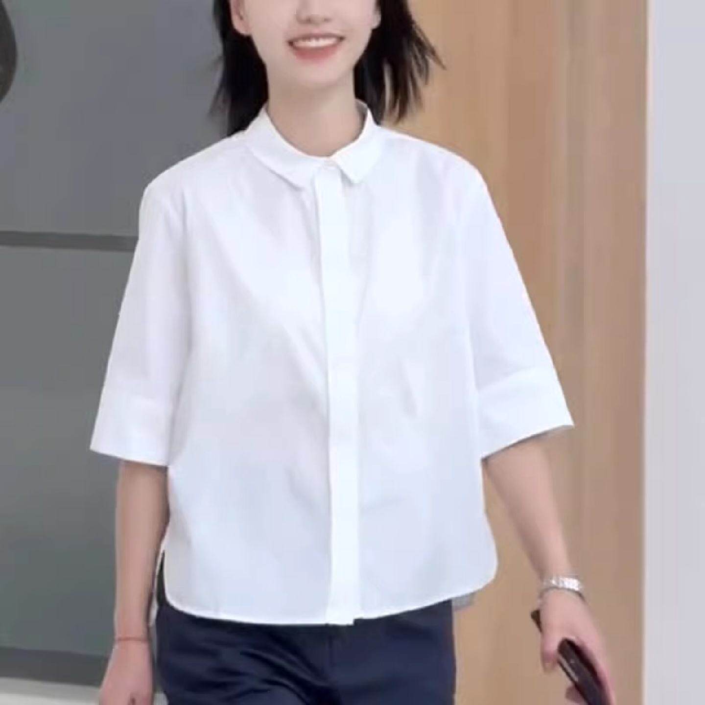 白色翻领短袖衬衫女2025年夏季新款简约宽松休闲气质百搭通勤上衣