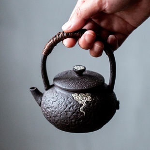 黑陶祥云提梁壶纯手工温茶炉套装 中式 复古泡茶器家用围炉煮茶炭炉