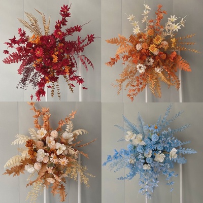 红色婚庆彷真花婚礼花排背景架拐角花铁艺几何路引花点布置花森系