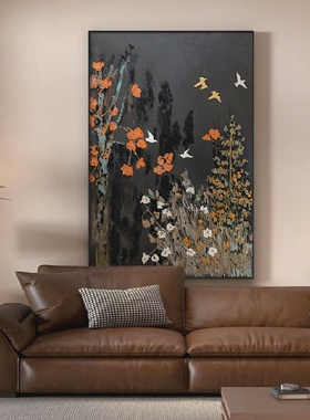 新中式中古风花鸟走廊过道装饰画黑色客厅沙发墙壁画入户玄关挂画
