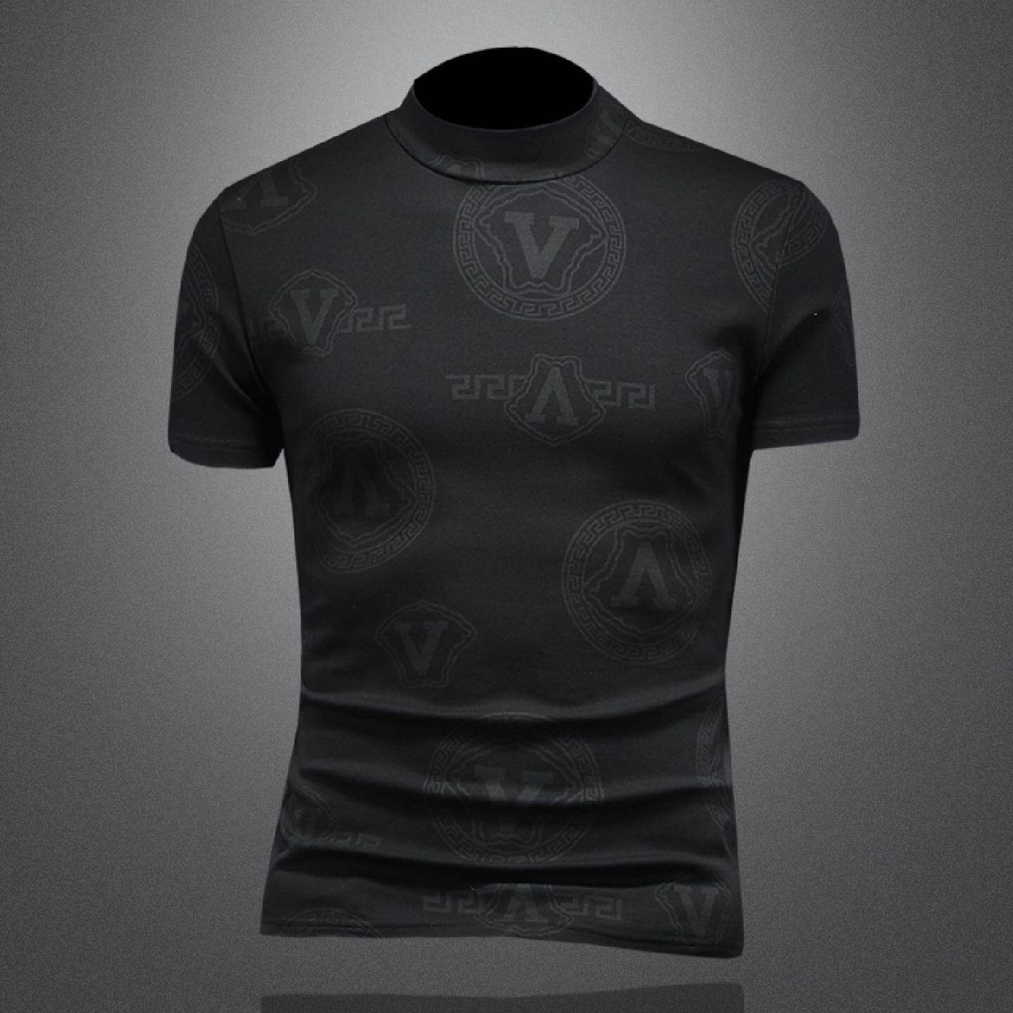 欧洲站加绒短袖男年秋冬季新款打底衫大码半高领保暖提花恤潮男装