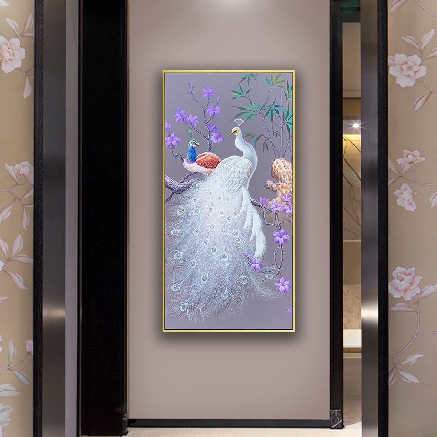 新中式手绘孔雀油画玄关装饰画客厅挂画美式过道竖版高端入户壁画图片