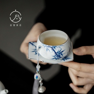 品茗杯套杯 宜室茶话手绘青花竹子陶瓷茶杯主人杯女士精致单杯中式