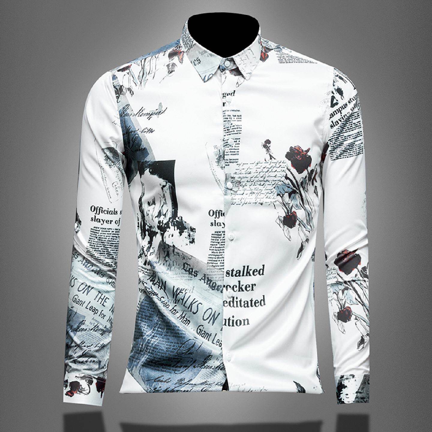 欧洲站长袖衬衫男士春秋季新款修身白色高端商务印花休闲潮流衬衫