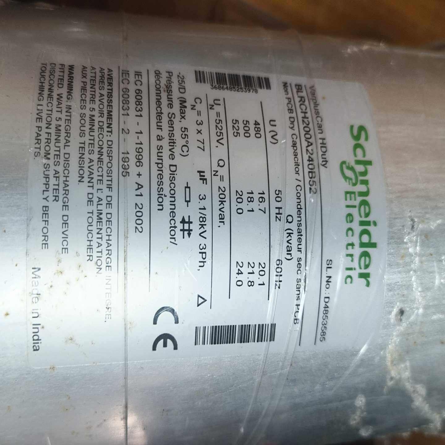 施耐德电容器BLRCH200A240B52，525V3相，--议价商品