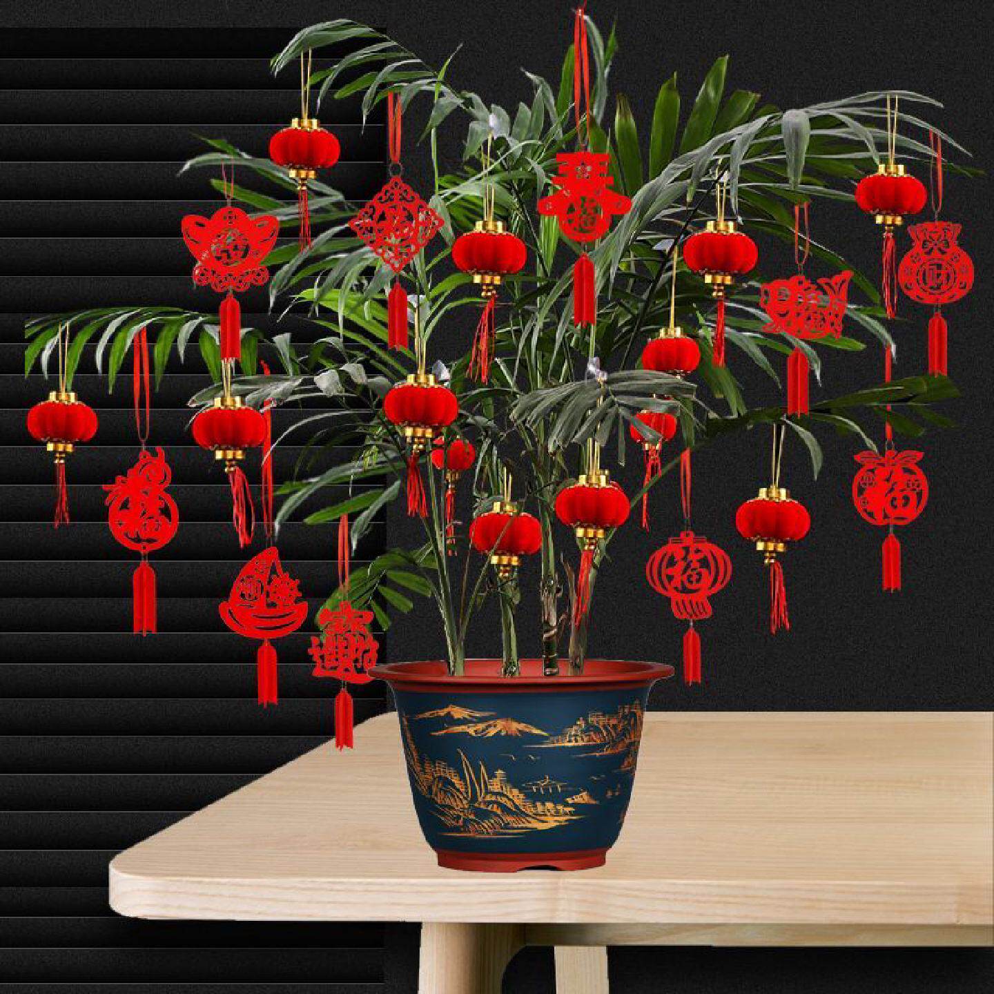 乔迁新居盆景装饰小福字挂件植物挂树上小红灯笼挂饰新年元旦布置