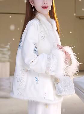 新中式国风羽绒服女2025冬季新款白色刺绣毛毛袖口加厚保暖短外套