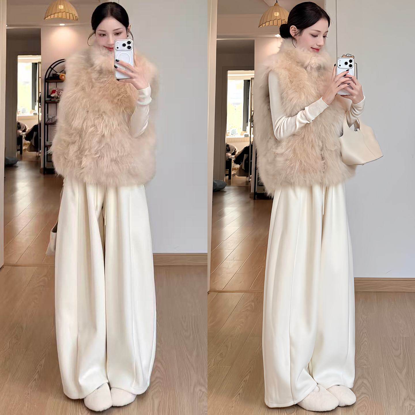 白色糯米绒毛呢弯刀裤女秋冬2025新款加绒阔腿休闲美式运动香蕉裤