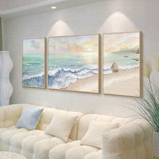 饰画现代简约三联壁画大气抽象海景沙发背景墙挂画 奶油风客厅装