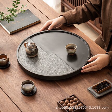 整块乌金石茶盘家用圆形现代排水天然创意茶海客厅简约托盘茶具