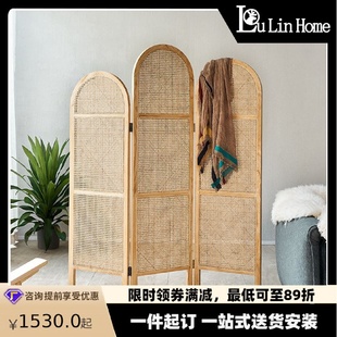 实木藤编屏风创意隔断墙可移动折叠折屏新中式 日式 小户型简约座屏