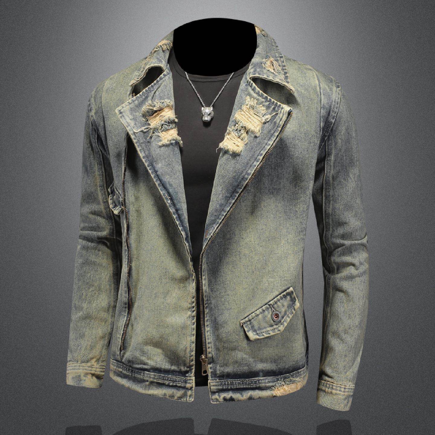 2026欧洲站复古机车牛仔外套男年秋季潮牌水洗破洞西装领夹克上衣