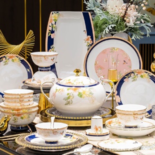 陶瓷碗碟套装 景德镇中式 家用轻奢花鸟骨瓷餐具乔迁搬家筷子盘整套