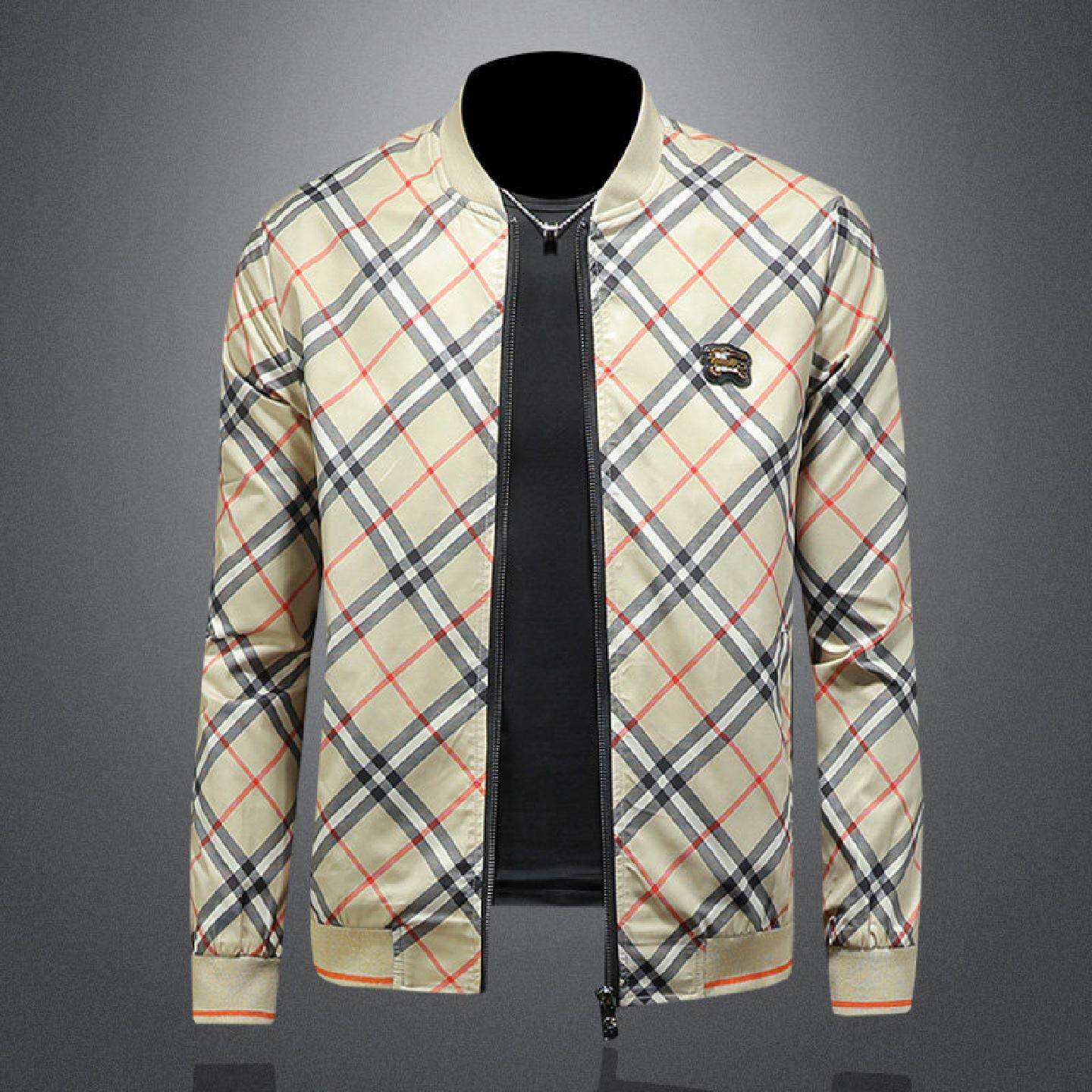 春装新款男士棒球领个性几何条纹夹克衫欧洲站休闲修身外套潮潮男