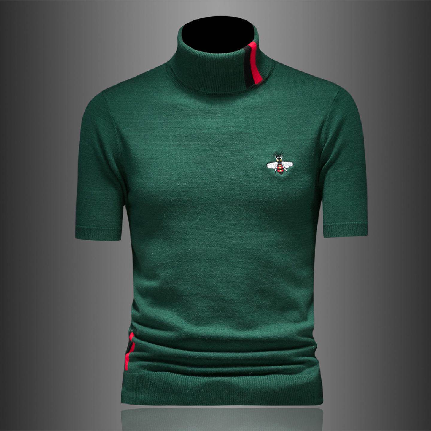欧洲站短袖半高领羊毛衫男士秋冬季新款潮牌蜜蜂刺绣修身毛衣打底