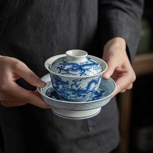 大号茶具古胎高足承壶 龙纹复古茶碗家用功夫盖碗中式