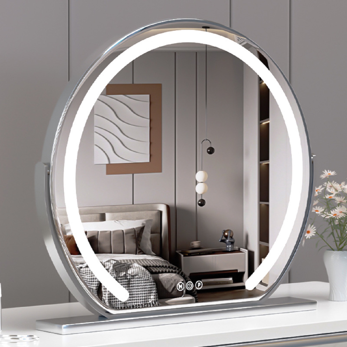 化妆镜带灯台式桌面led灯智能触控卧室补光梳妆镜半圆欧式镜子ins