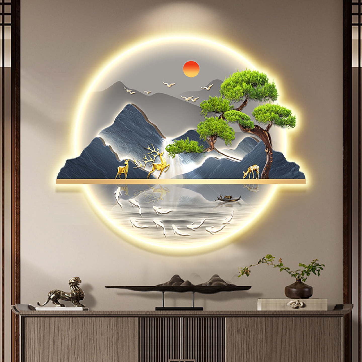 流水生财挂画玄关走廊背景墙山水画迎客松带灯led氛围灯发光壁画