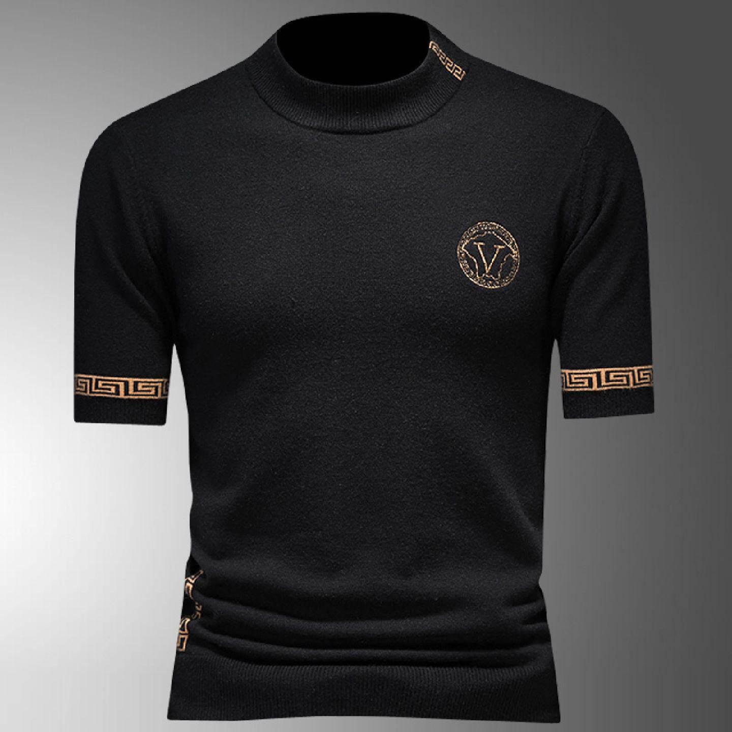 潮牌刺绣半高领短袖打底衫男装秋冬加厚半袖羊毛衫中领休闲毛衣男