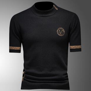 潮牌刺绣半高领短袖打底衫男装秋冬加厚半袖羊毛衫中领休闲毛衣男