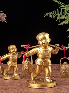 全铜挑财童子送财家居装饰品客厅件招财工艺品开业礼品中式