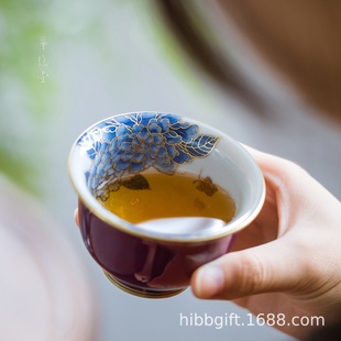 轻奢主人杯单杯 华隐堂茶杯姹紫青花金绘牡丹压手杯茶杯品茶杯中式