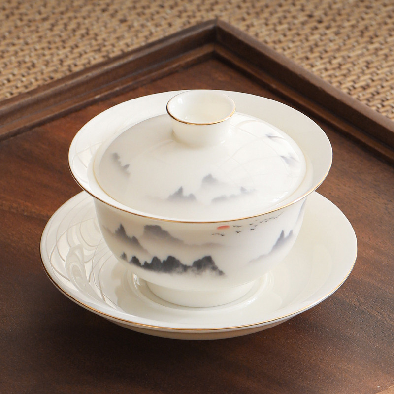 羊脂玉盖碗茶杯德化白瓷三才碗单个高档陶瓷带盖泡茶碗茶具不