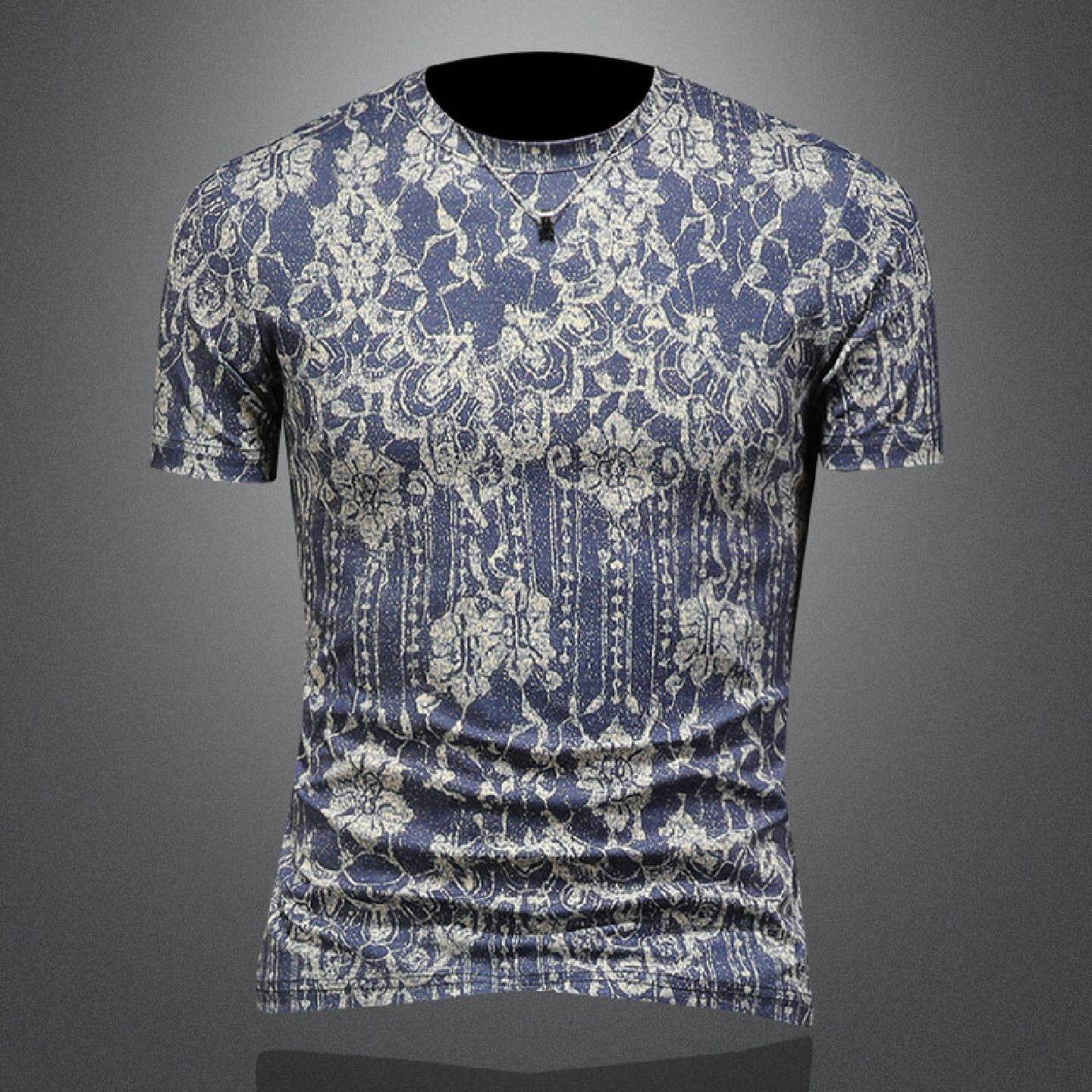 夏装新款男士圆领短袖恤衫帅气印花修身潮流休闲中青年百搭潮男装