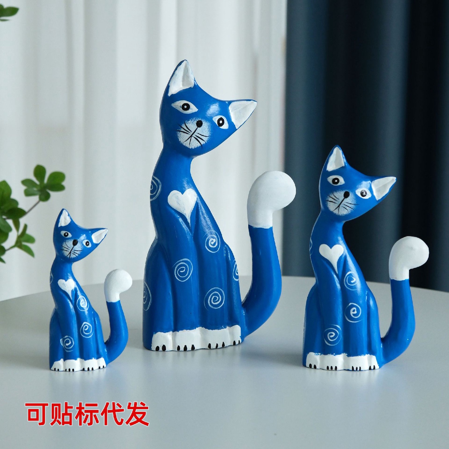 北欧地中海风格装饰动物原木小猫一家桌面摆件家居彩绘创意礼品