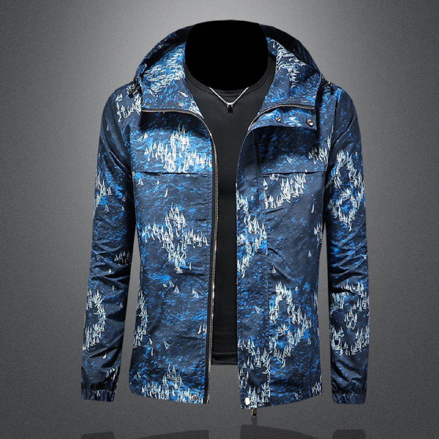 欧洲站休闲连帽印花夹克男士春季新款修身帅气薄款大码外套潮潮男