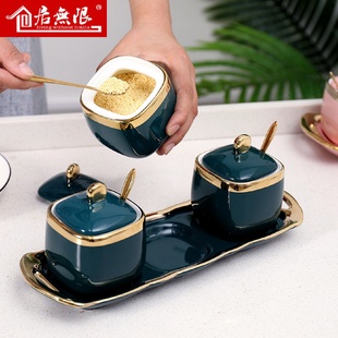 家用组合装 5ZW陶瓷调料盒套装 厨房用品带盖一体多格盐味精轻奢调