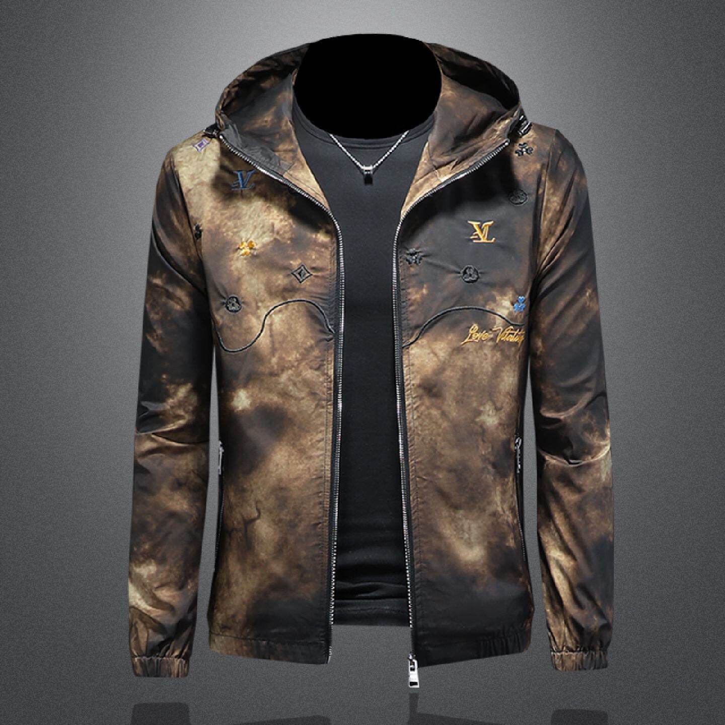 欧洲站连帽夹克男士秋冬新款痞帅时尚休闲外套咖啡色印花潮牌上衣