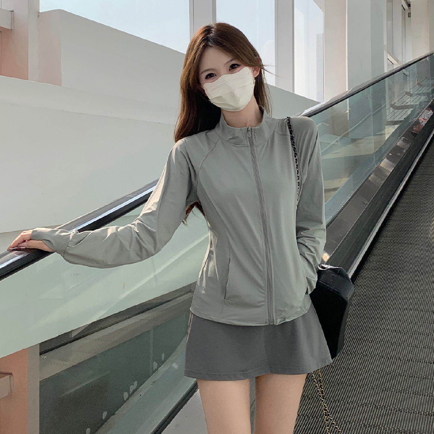 灰色冰丝防晒衣女夏天2025新款立领修身小个子瑜伽服薄纱外穿上衣