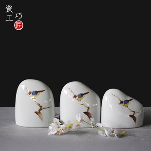 设计立秋白色花鸟图案陶瓷摆件新中式 软装 实木样板房橱窗家具饰品