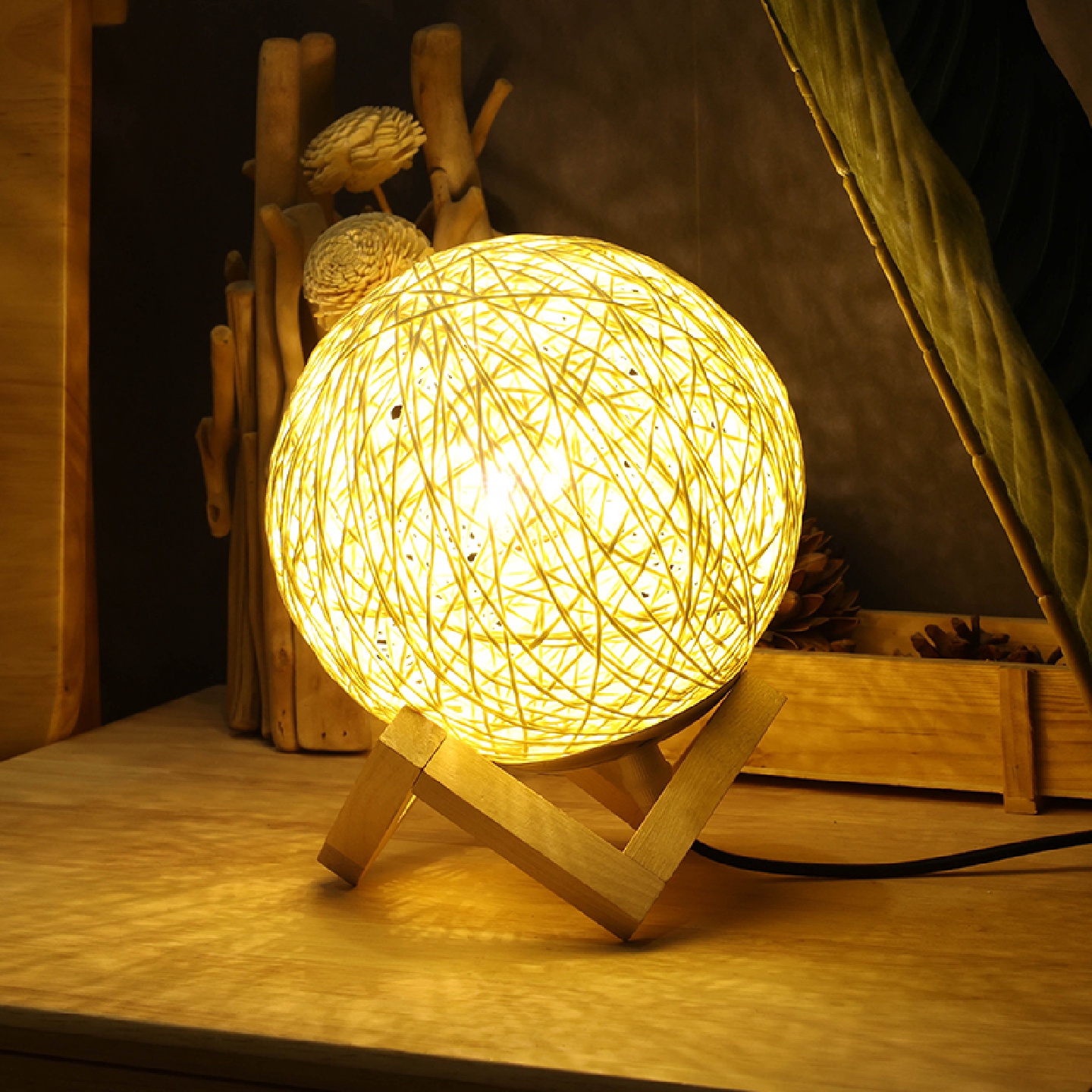 天台华莲创意少女ins藤球小夜灯卧室床头台灯浪漫藤条灯氛围柔光