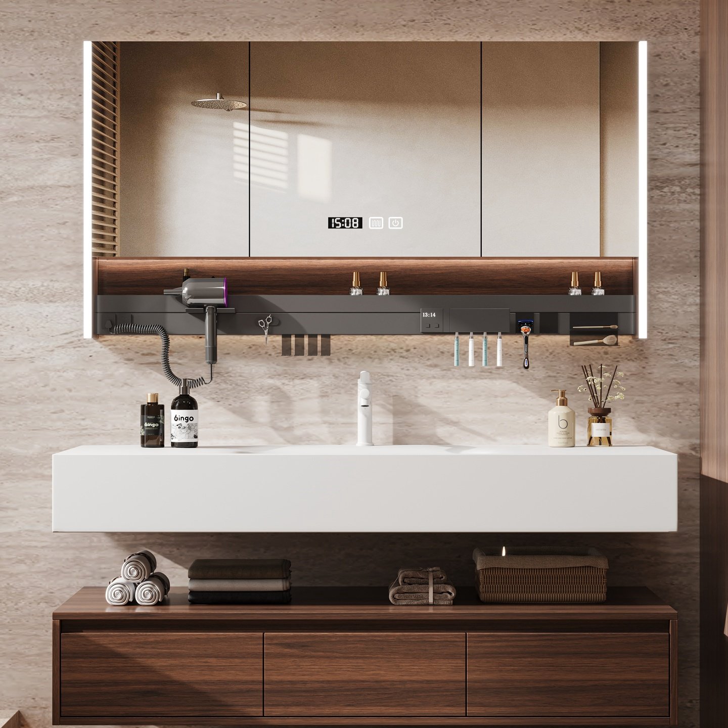 酒店风浴室柜岩板热弯一体盆洗漱台洗手池台盆洗脸盆柜组合卫浴柜