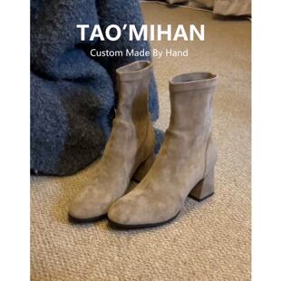 粗跟绒面瘦瘦靴子 新款 真皮增高7cm加绒高跟鞋 短靴女2025秋冬季