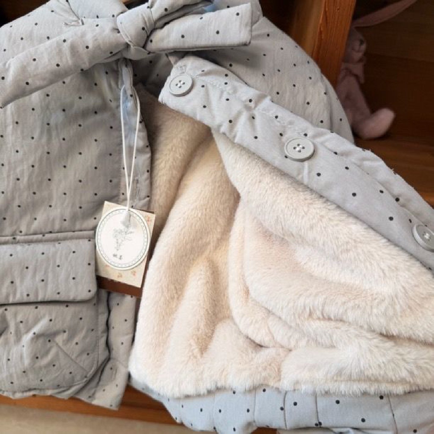 童装女童韩版夹棉保暖外套秋冬季新款宝宝森系灰色圆点加厚绒棉服